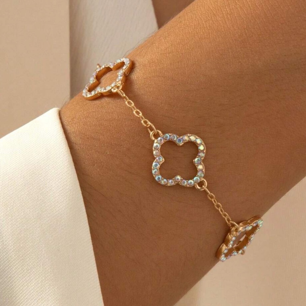Luxe Gold Tone Iridescent Rhinestone Floral Bracelet